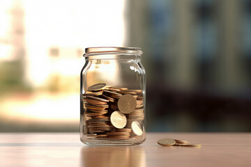Glass bottle jar with coins money inside saving money for goals and future, financial business concept, putting coin, investment for future, with Generative Ai.