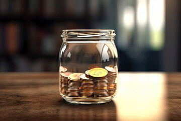 Glass bottle jar with coins money inside saving money for goals and future, financial business concept, putting coin, investment for future, with Generative Ai.