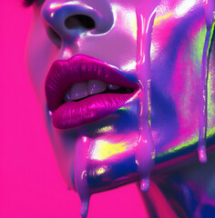 metallic female face with pink neon glow, modern advertising and concentration, Symbolic representation of the gay movement, a rainbow of colors. The concept of pride, a symbol of love and passion.