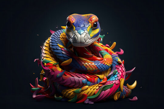 Abstract animal Viper snake portrait with colorful paint on skin and scales, Bright color, gradient background, with Generative AI.