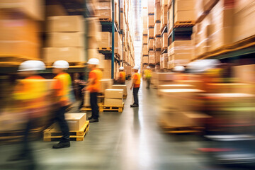 Blurred image of warehouse employees moving shipments
