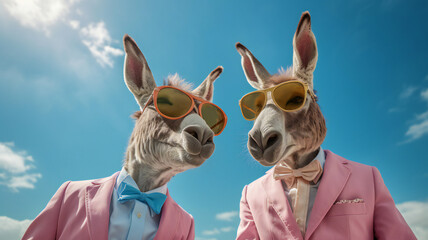 portrait of a donkees iin suit and bow tie  the sky background taliking, Comic concept of animals and in human roles, - obrazy, fototapety, plakaty
