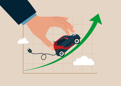 Businessman plays with electric car on rising up green stock market arrow graph. Electric car stock pice soaring. Flat vector illustration