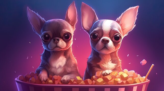 Two cute chihuahuas watch a movie while eating popcorn from a bucket. . Fantasy concept , Illustration painting.
