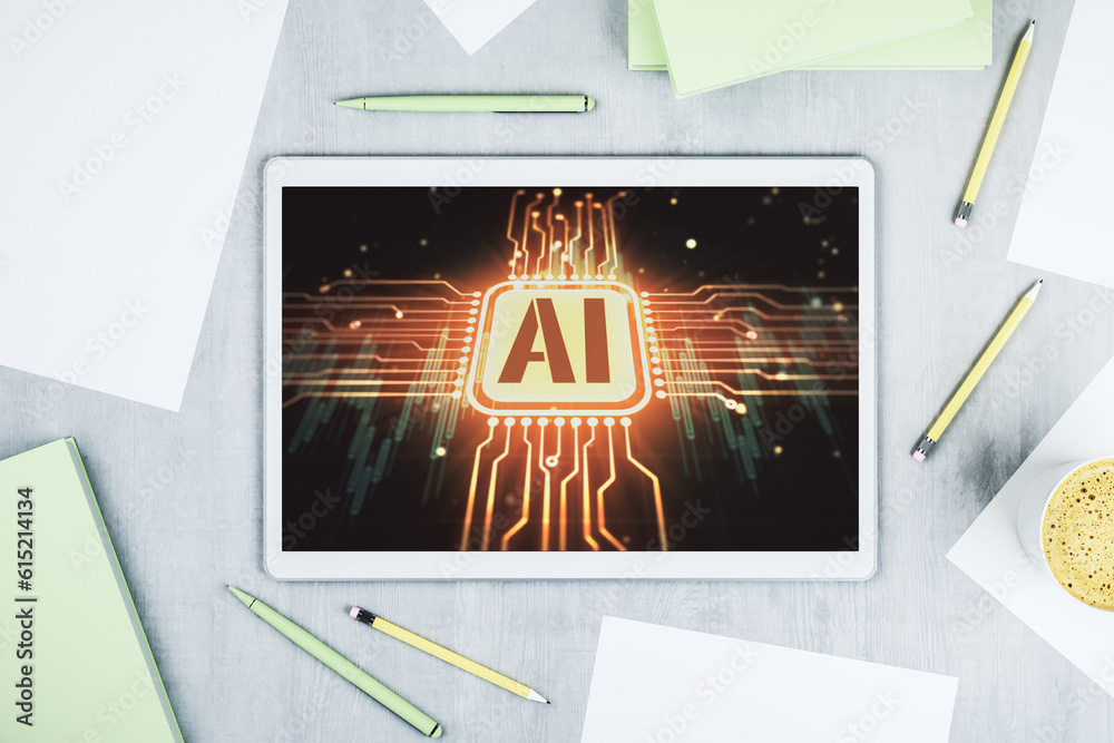 Leinwandbilder creative artificial intelligence symbol concept on modern digital tablet screen. top view. 3d render