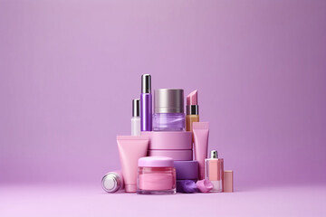 Cosmetics bottles, makeup accessories background