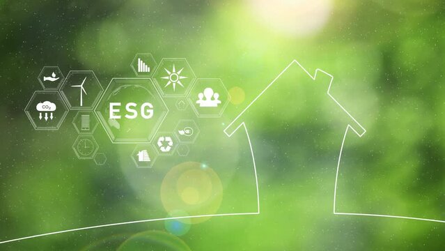 Sunny eco green house with esg icons loop animation.