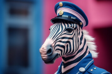 Fototapeta na wymiar zebra in the city as police officer, Zebra policeman, Comic concept of animals and in human roles