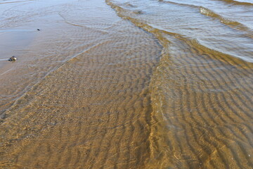 Transparent water with sun glare and ripples on sandy bottom. Sea waves and gritty surface texture created a pattern of dunes on the  floor of sea beach.