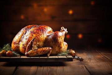 thanksgiving dinner with roasted turkey on rustic wooden table. Copy space - obrazy, fototapety, plakaty