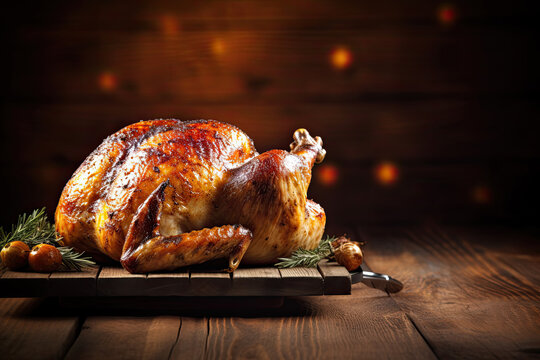 thanksgiving dinner with roasted turkey on rustic wooden table. Copy space