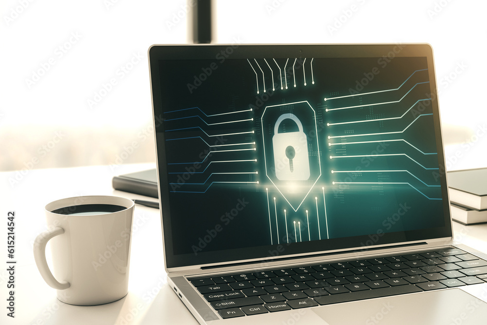 Fototapete computer monitor with creative light lock illustration and microcircuit, cyber security concept. 3d 