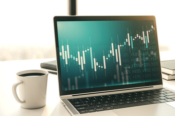 Modern computer screen with abstract creative financial chart, research and analytics concept. 3D Rendering