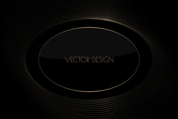 Vector abstract black premium background with golden oval frame. Modern luxurious elegant backdrop in dark color and glass effect for exclusive posters, banners, invitations, business cards.