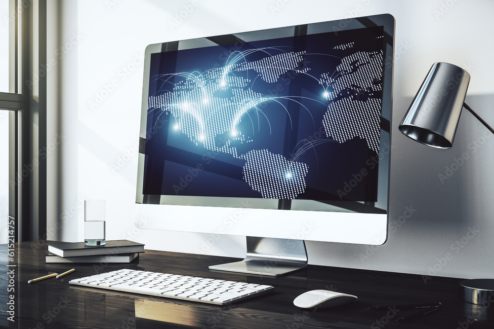 Poster Modern computer monitor with abstract digital world map with connections, research and strategy concept. 3D Rendering