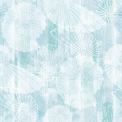 Seashells. Abstract vector seamless pattern on the marine theme on blue watercolor background.  Vector. Perfect for wallpaper, wrapping, fabric and textile.