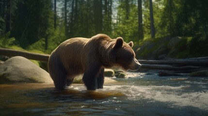A bear fishing for salmon in a fast-flowing forest river