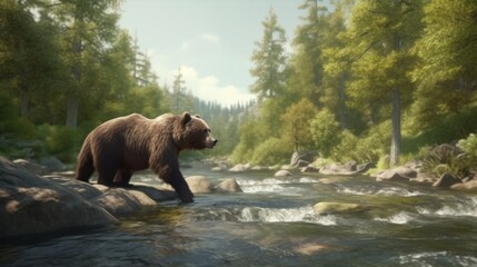 A bear fishing for salmon in a fast-flowing forest river