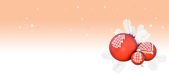 Red Christmas balls with white fir branches on orange background with stars. Panorama format with...