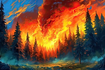 Fototapeta na wymiar painting depicting the chaotic beauty of fire spreading through a forest, with clouds adding a touch of dramatic tension