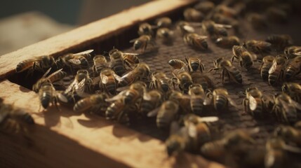 A honeybee colony buzzing around maintaining the hive