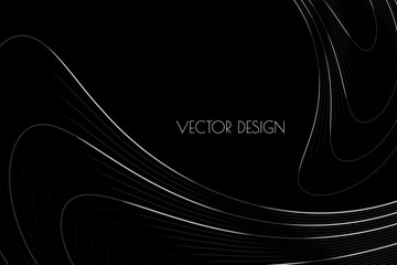 Vector abstract black premium background with silver platinum curved deformed stripes, lines. Luxurious elegant backdrop in dark color for exclusive posters, banners, invitations, business cards.