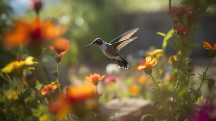 A hummingbirds frenzied flight amongst the flowers
