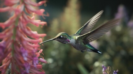Fototapeta na wymiar A hummingbirds frenzied flight amongst the flowers