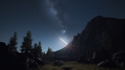 Plakat A comet streaking across the night sky over a pristine wilderness
