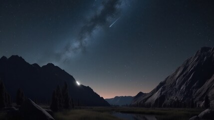 A comet streaking across the night sky over a pristine wilderness