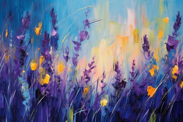 Captivating abstract oil painting: A mesmerizing composition featuring a serene field of lavender flowers, alive with vibrant colors and flowing forms, inviting viewers....  Generative AI