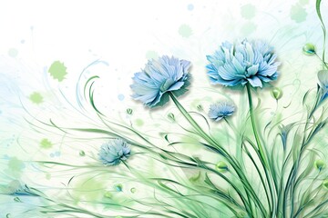 Fototapeta na wymiar Illustration with small bouquet of cornflowers on light green background with space for text, generative AI content.