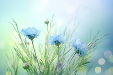 Illustration with small bouquet of cornflowers on light green background with space for text, generative AI content.