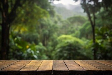 A tropical rainforest: an empty wooden table nestled amidst lush greenery, adorned with raindrops, and set against a blurred background, capturing the serene beauty of nature. Generative AI