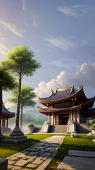 Panoramic temple landscape with scenic park and sky clouds
