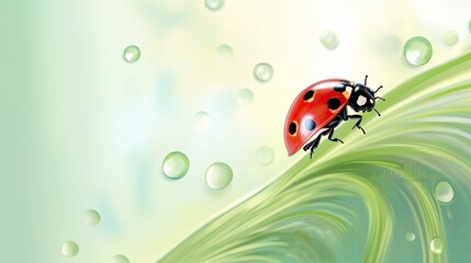 Obraz na płótnie Canvas Happy little ladybug crawling on a green leaf, generative AI content.
