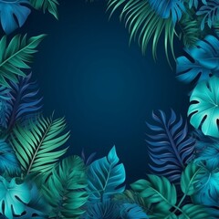 Fototapeta na wymiar Enchanting collection of tropical leaves and foliage plants in a captivating blue hue, set against a celestial space background, merging earthly beauty with cosmic wonder. Generative AI