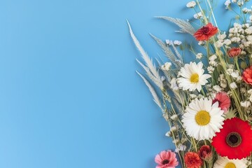 Small bouquet of wildflowers with blue cornflowers, daisies and poppies isolated on light blue background, generative AI content.