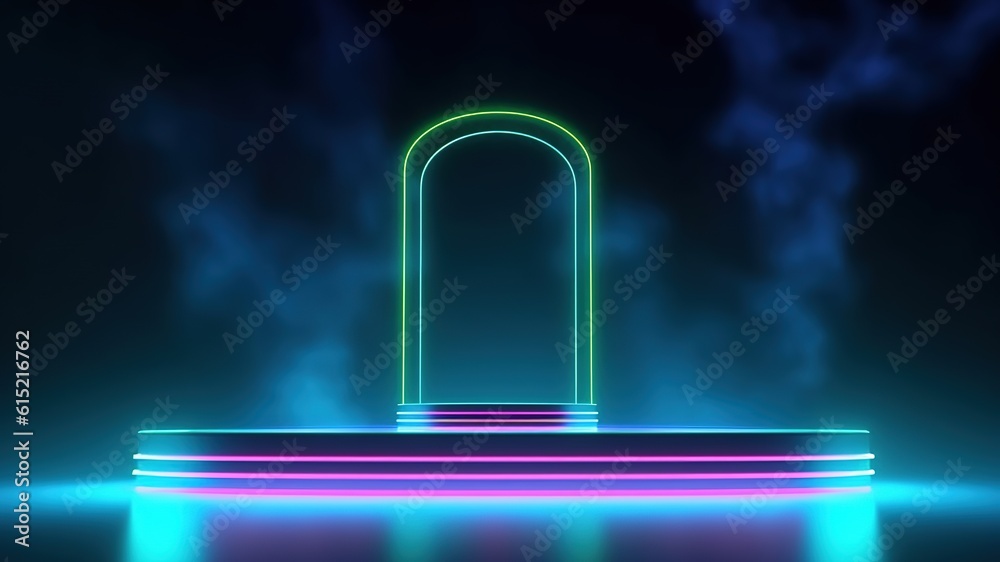 Wall mural stage with spotlight on stage. empty podium for products display with smoke and neon lights. generat
