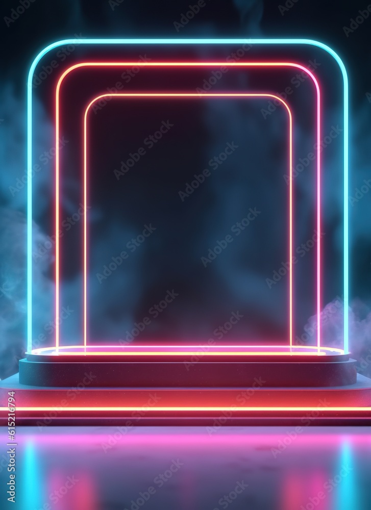 Wall mural stage with spotlight on stage. empty podium for products display with smoke and neon lights. generat