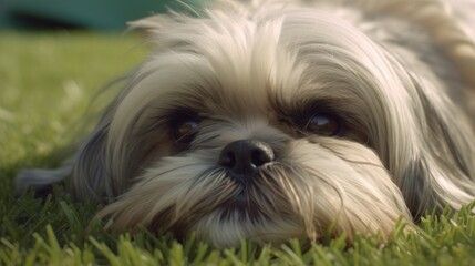 A Shih Tzu rolling over to scratch its back on the grass