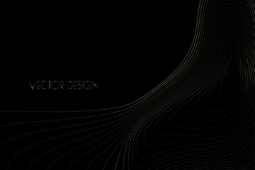 Vector abstract black premium background with golden curved deformed stripes, lines. Modern luxurious elegant backdrop in dark color for exclusive posters, banners, invitations, business cards.