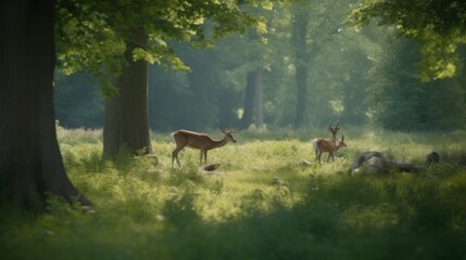 Naklejka na ściany i meble A family of deer quietly grazing in a forest clearing