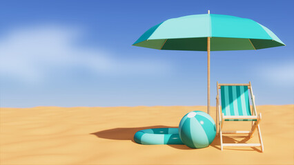 Umbrella, chair, ball and float ready on the beach, vacation theme, 3d rendering