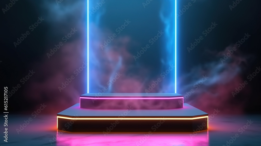 Wall mural stage with spotlight on stage. empty podium for products display with smoke and neon lights. generat