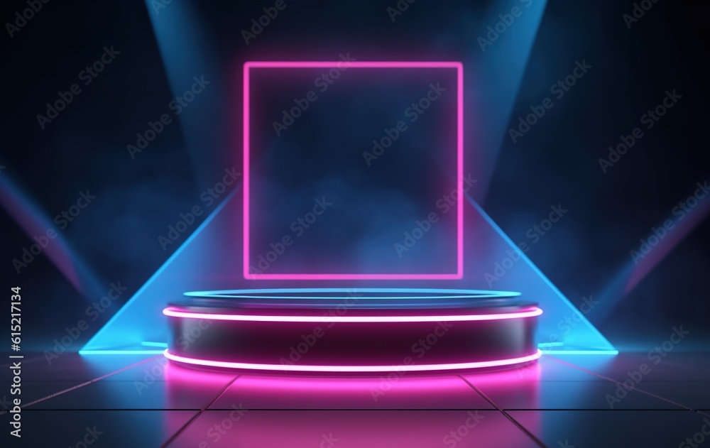 Wall mural stage with spotlight on stage. empty podium for products display with smoke and neon lights. generat