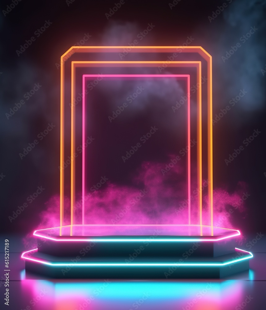 Wall mural stage with spotlight on stage. empty podium for products display with smoke and neon lights. generat