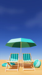 3d rendering of two chairs under an umbrella next to ball and float, relaxation theme