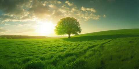 Beautiful landscape panorama with a lone tree amidst green meadows under bright morning sun