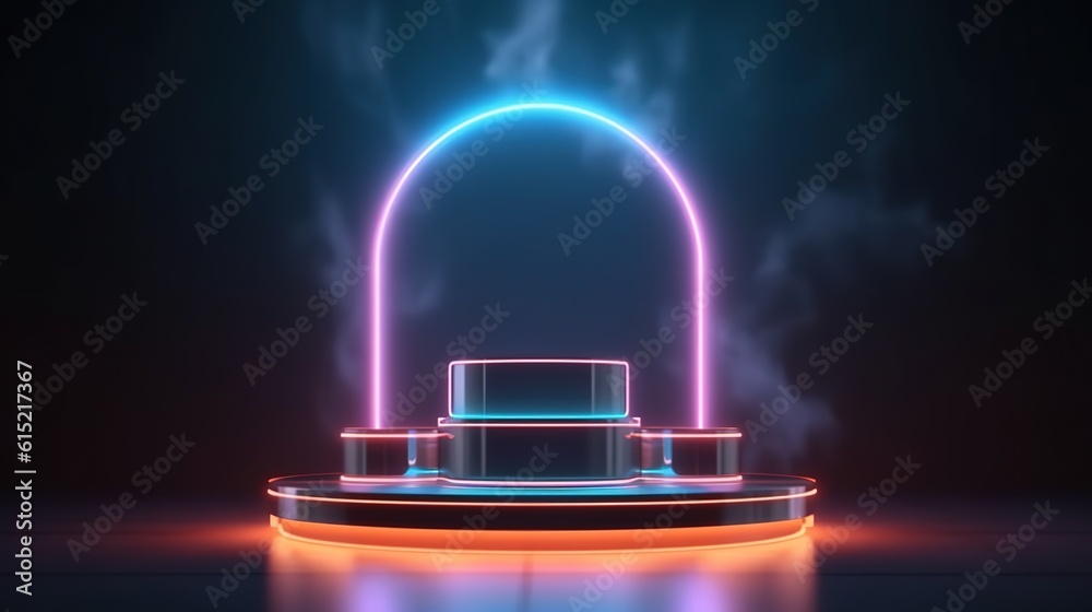 Wall mural stage with spotlight on stage. empty podium for products display with smoke and neon lights. generat